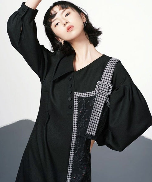 Check Ribbon Panel Dress